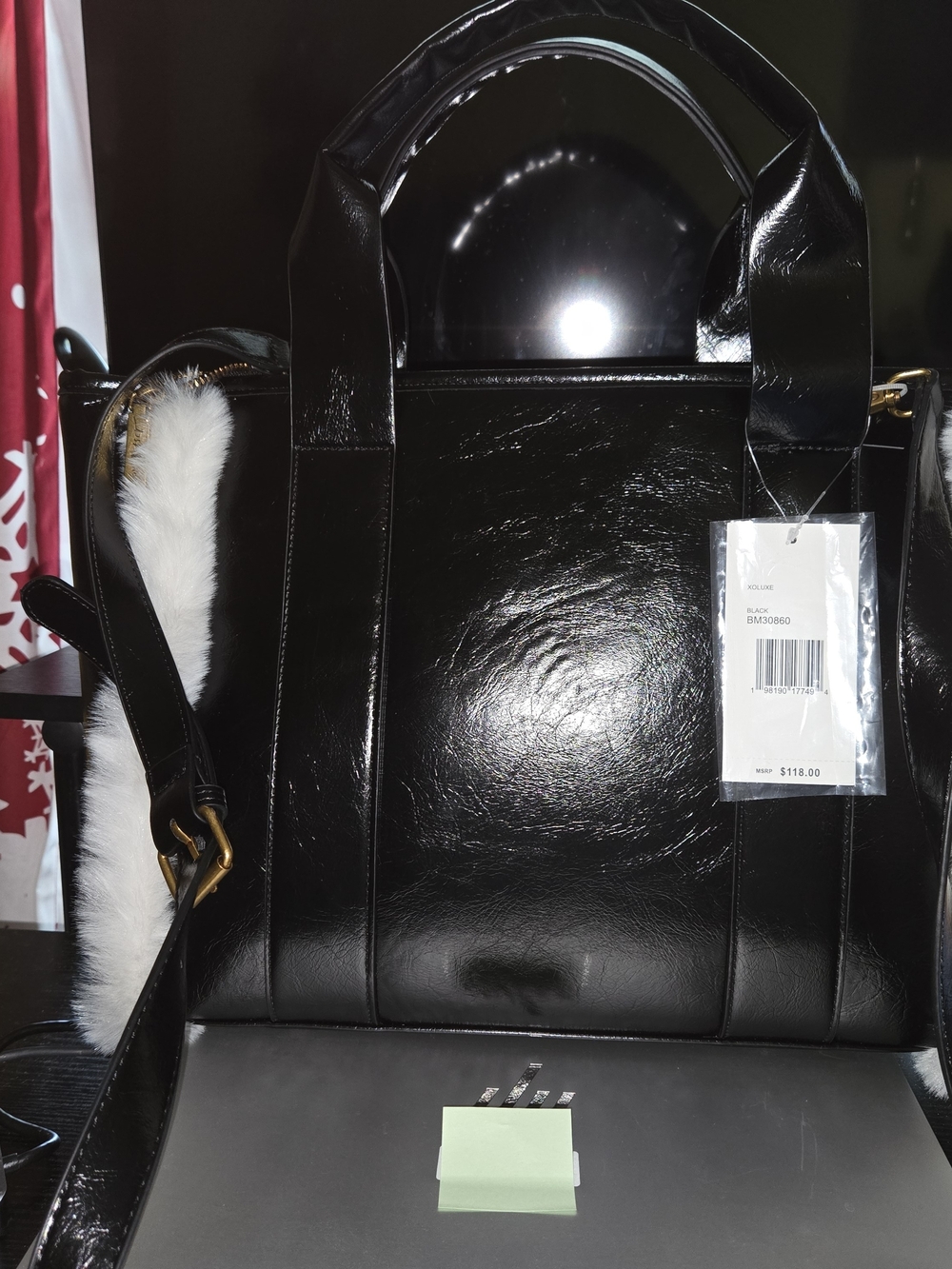 Betsey Johnson Black Patent Shoulder Bag with Fur Accent